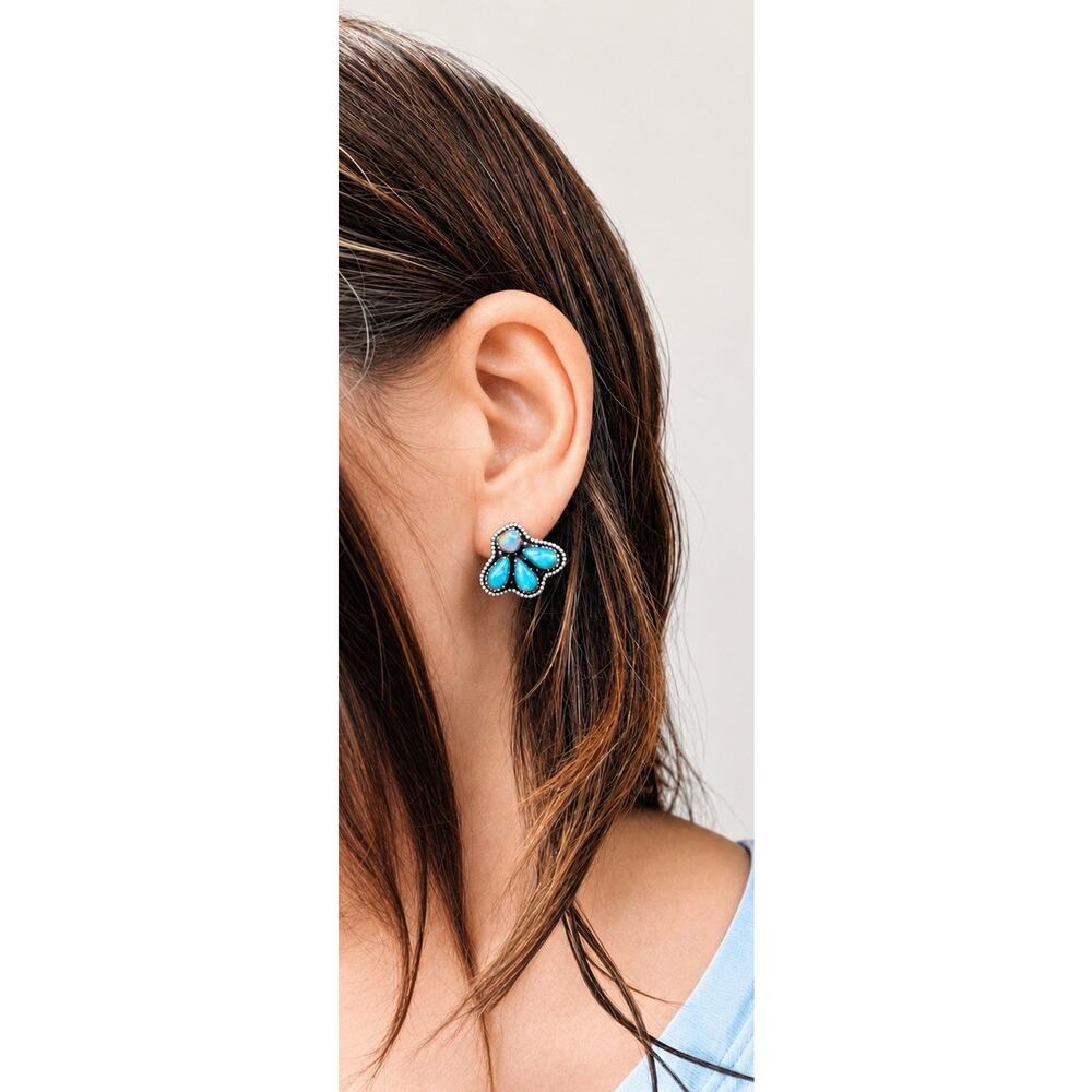 Turquoise Cluster Opal Sterling Silver Stud Earrings Southwest Western Boho - Picture 2 of 7